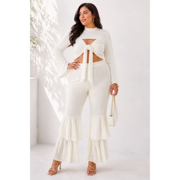 SHEIN Pants - SHEIN Curve White Cut Out Tie Front Top Ruffle Flare Pants Set Size 1XL